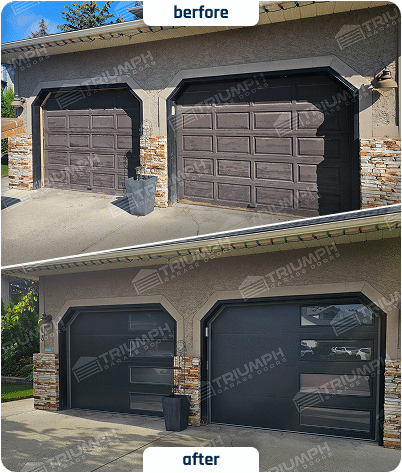 From dated to designer. This before and after showcases a shift to a modern minimalist style. The new matching single garage doors, with their sleek black finish and side-aligned glass panels, create a bold statement that perfectly complements the home's stone accents.
