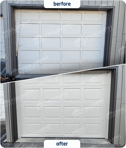 Full replacement of a worn-out white garage door with a new, high-quality traditional paneled door. A perfect example of how a straightforward upgrade can revitalize a home's entrance. Технический
