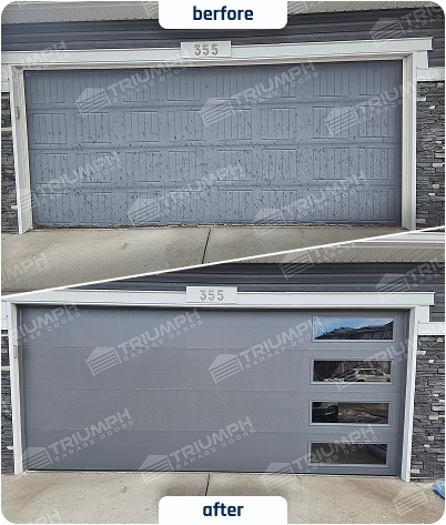 A striking transformation from a traditional paneled door to a sleek, contemporary design. The new flush-panel door features vertically aligned side windows, providing a unique architectural touch and ample natural light.