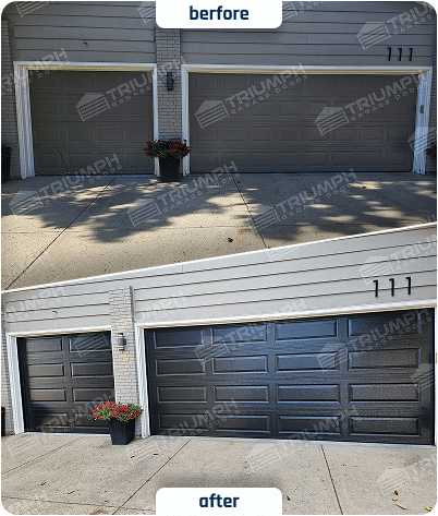 Upgrade from old brown sectional doors to new, high-performance black doors (double and single). A clean and professional installation that completely refreshes the exterior of the house.