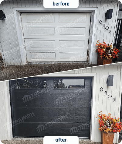Before and after: Single garage door installation with windows in Calgary.