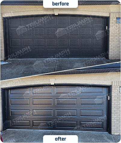Upgrade from an aging black garage door to a new, premium raised-panel model. A simple yet effective way to maintain the property's look while ensuring long-term reliability.