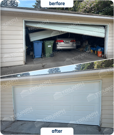 A complete restoration in Calgary after a structural failure. The damaged, off-track door was replaced with a new, durable sectional white door, restoring both security and ease of use.