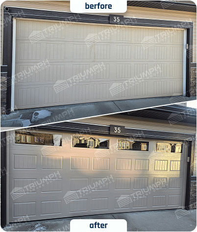 A before and after look at a recent installation. The original solid door was replaced with a new paneled model featuring top-section windows to allow for natural light.