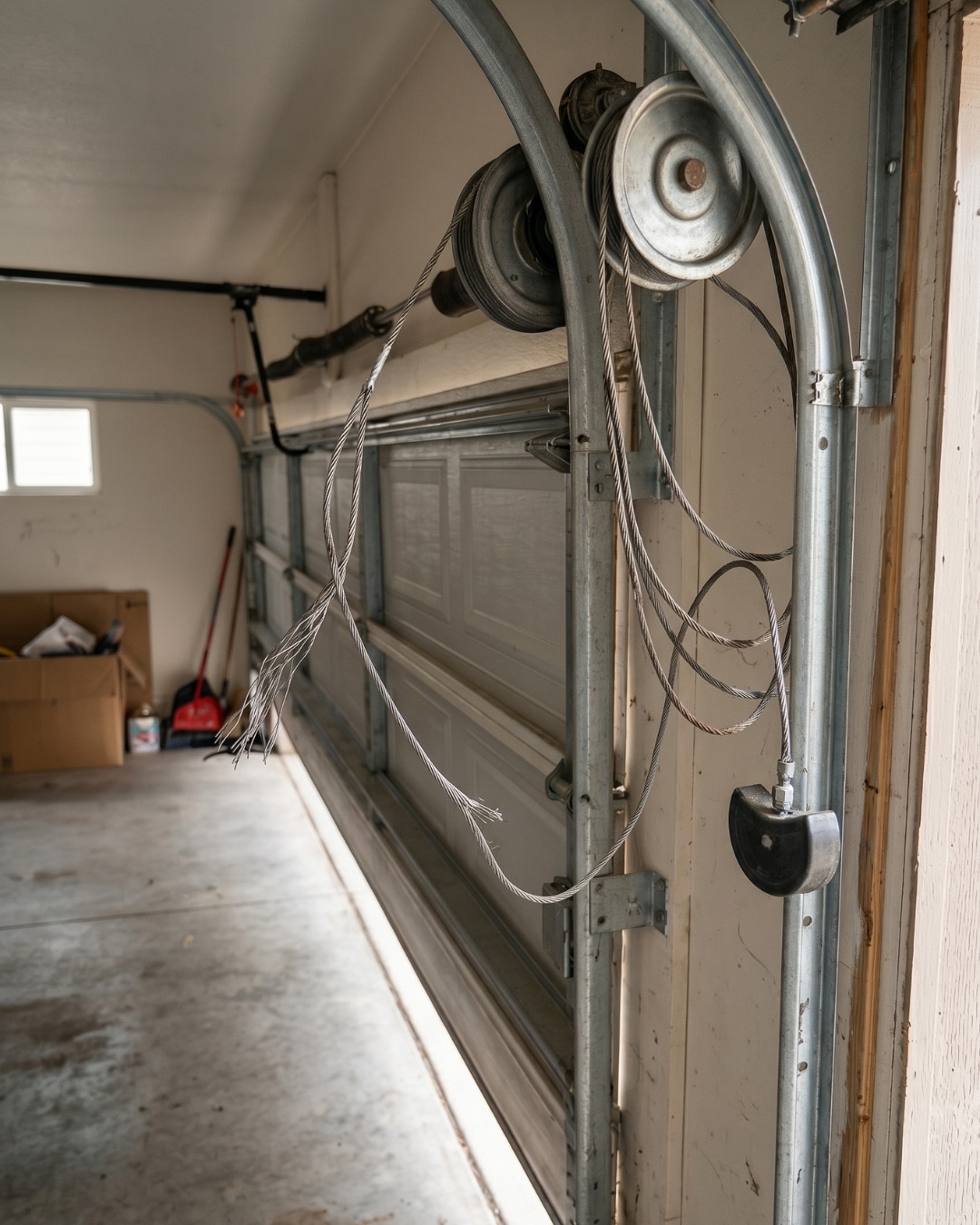 Broken garage door cable before repair in Calgary