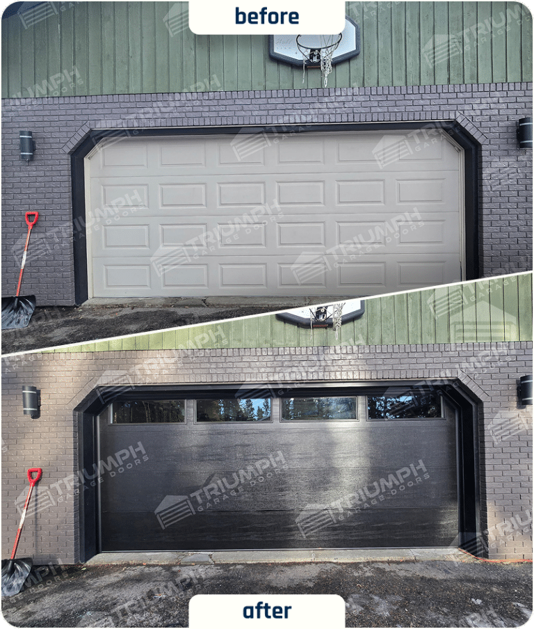 Before and after of a garage door replacement in Calgary
