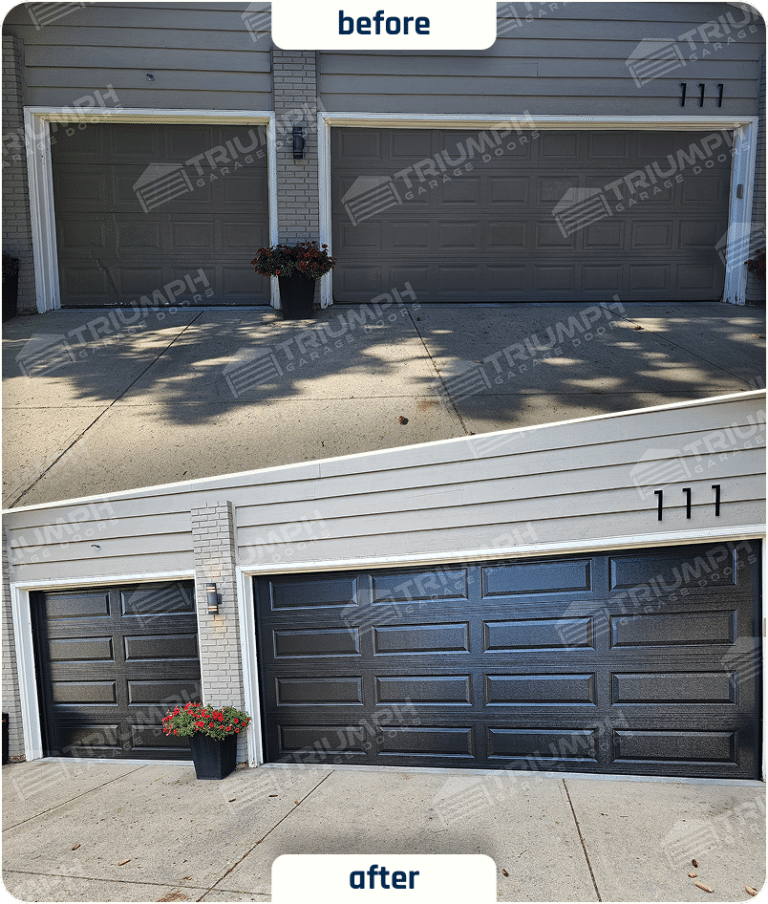 Before-and-after two-car garage door replacement in Calgary