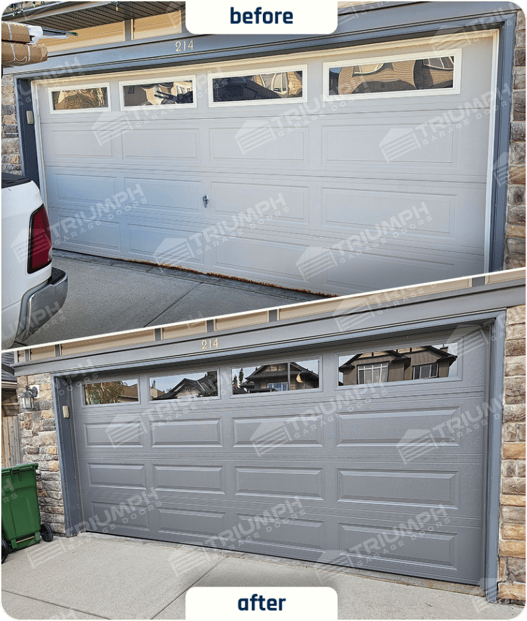 Before-and-after grey garage door replacement with windows in Calgary