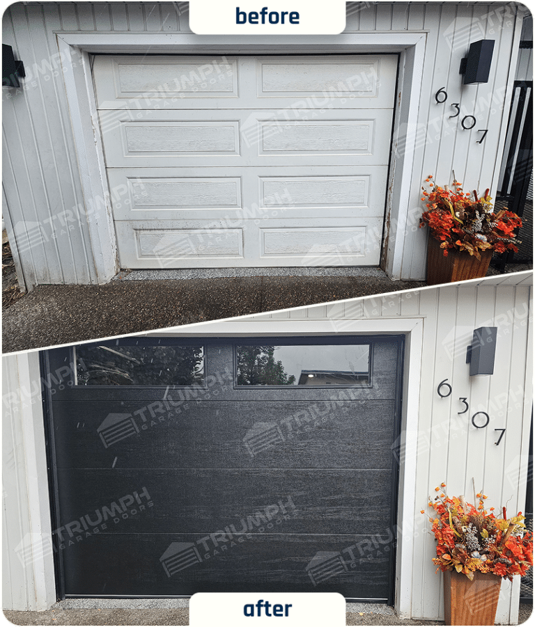 Before-and-after single garage door replacement with windows in Calgary