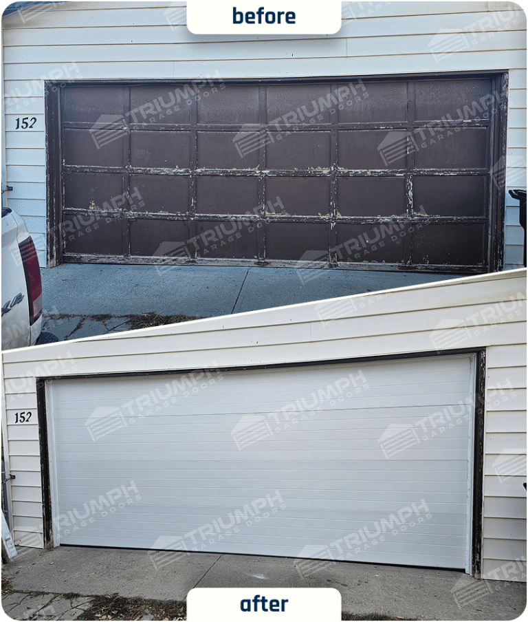Before-and-after ribbed garage door replacement in Calgary