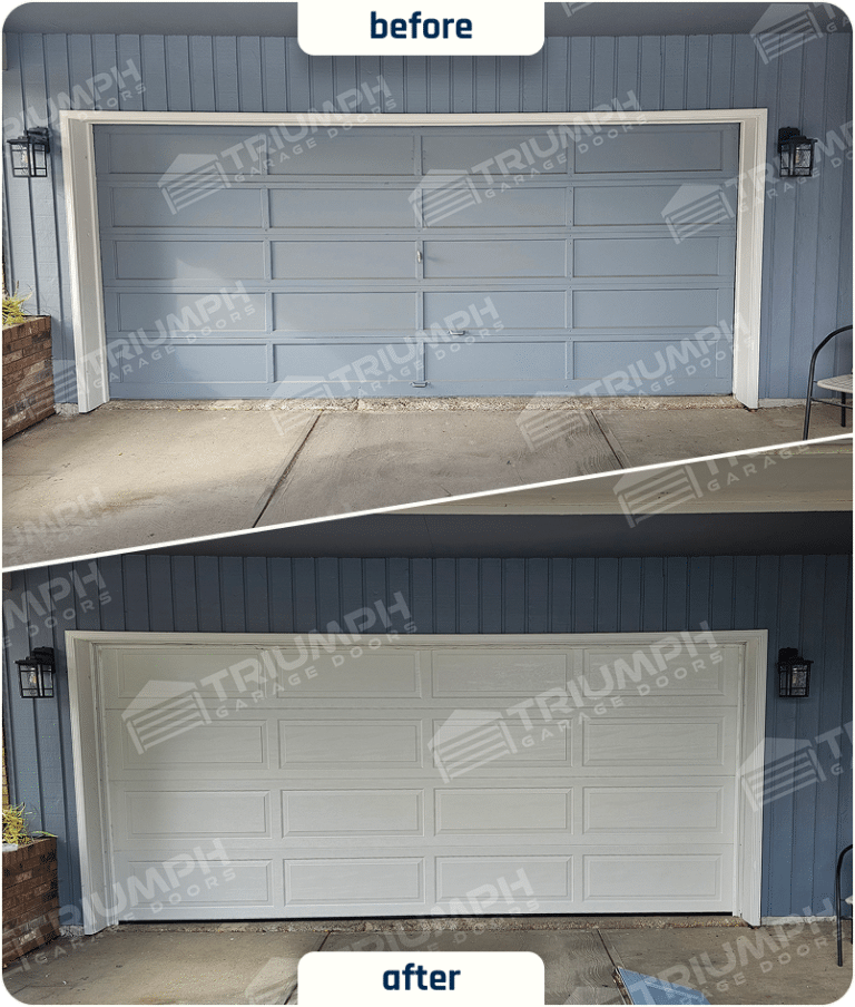 Before-and-after garage door replacement and colour update in Calgary