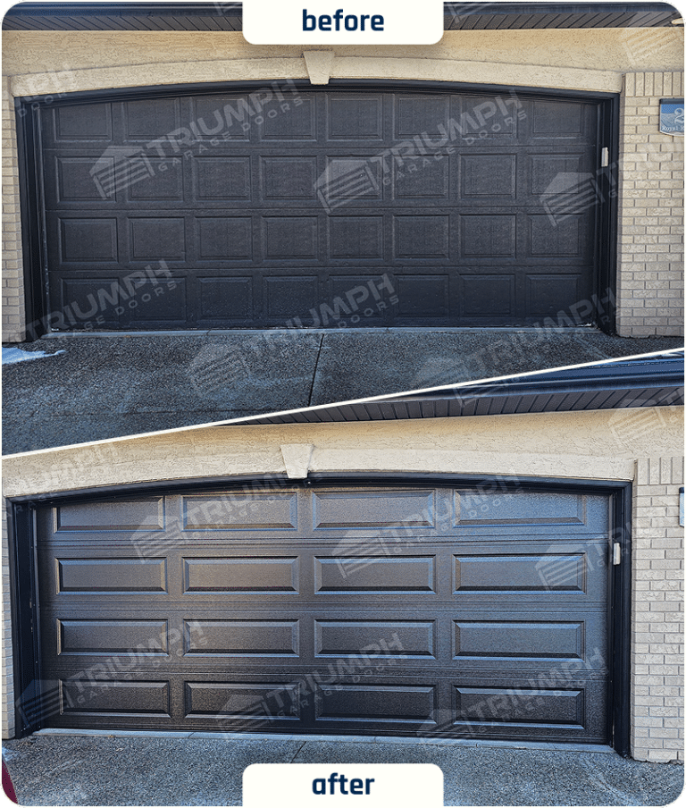 Before-and-after modern black garage door replacement in Calgary