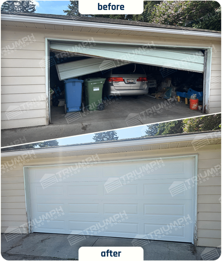 Before-and-after broken garage door replacement in Calgary
