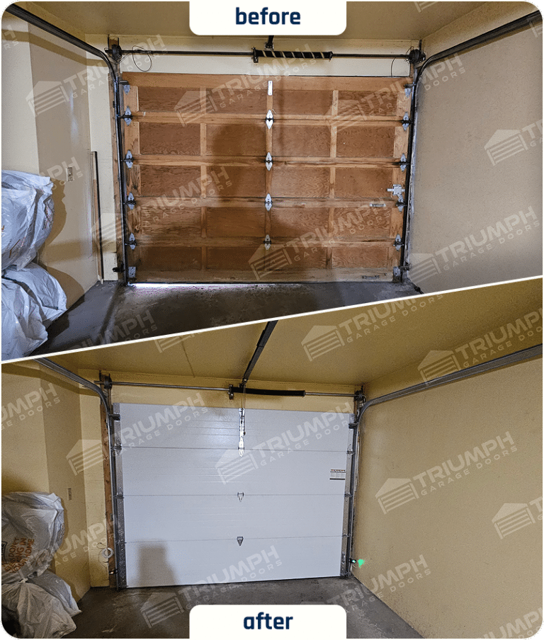 Before-and-after single garage door replacement in Calgary