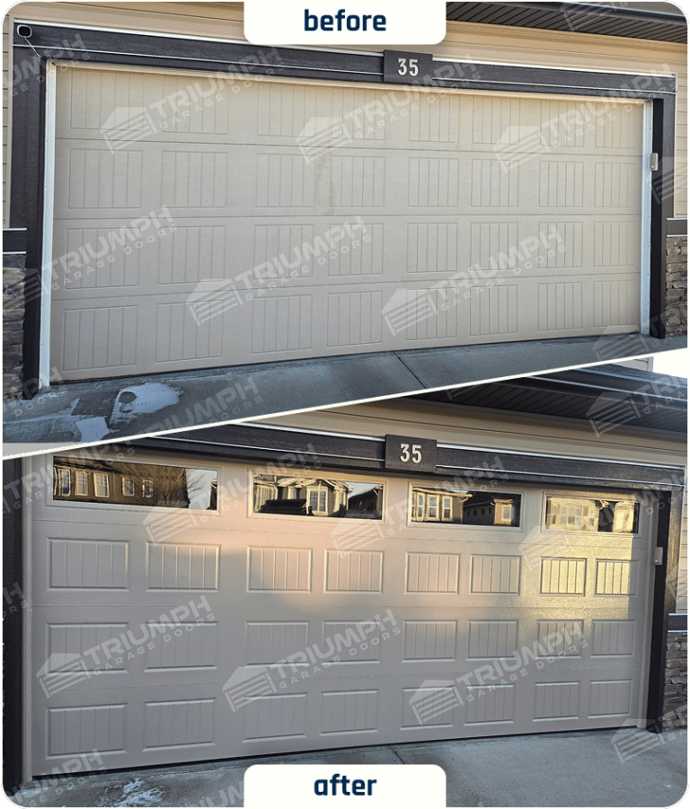 Before-and-after garage door replacement with windows in Calgary