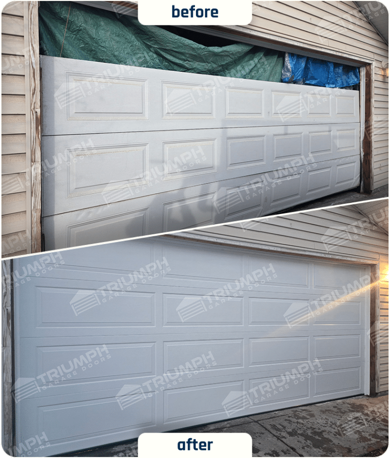 Before-and-after damaged garage door replacement in Calgary