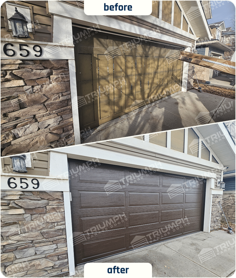 Before and after of a brown garage door replacement in Calgary