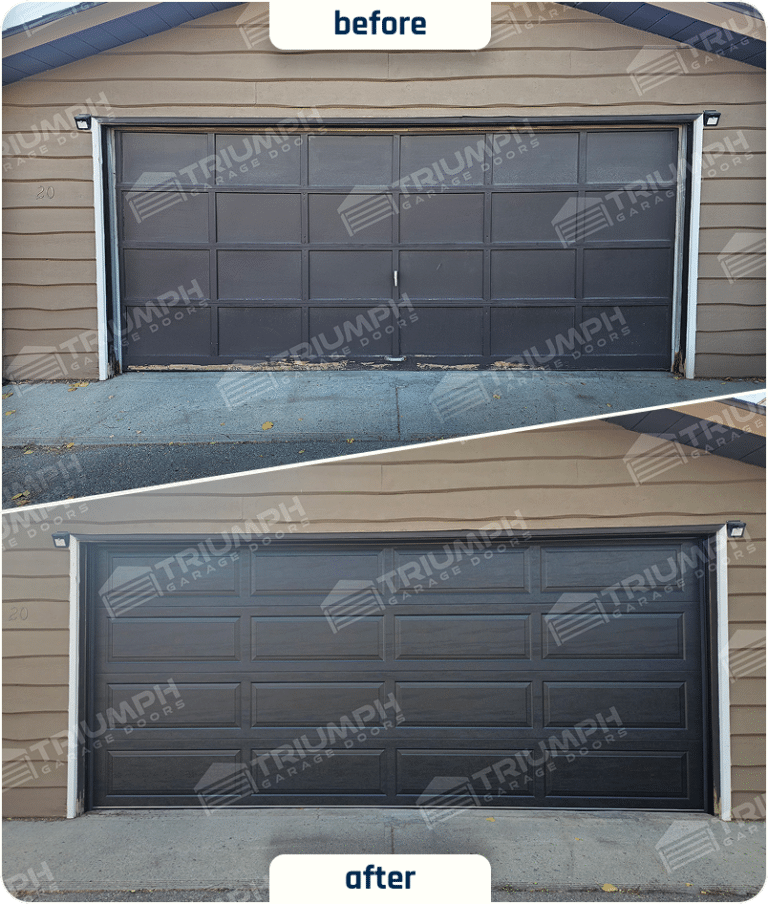 Before-and-after black garage door replacement in a Calgary