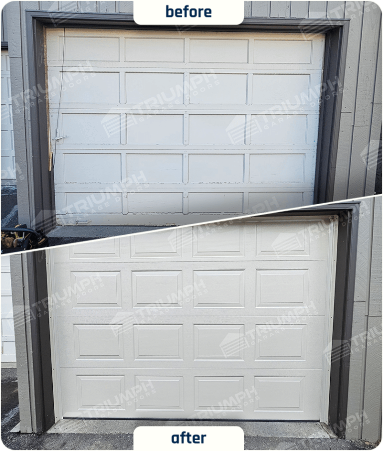 Before and after of a white garage door replacement in Calgary