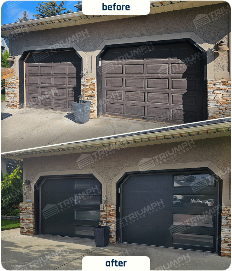 Before-and-after premium single garage door installation in Calgary