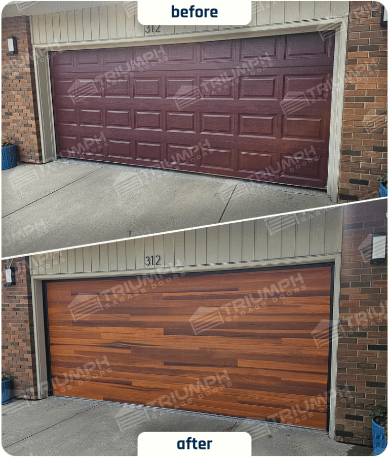 Before-and-after modern wood-look garage door replacement in Calgary