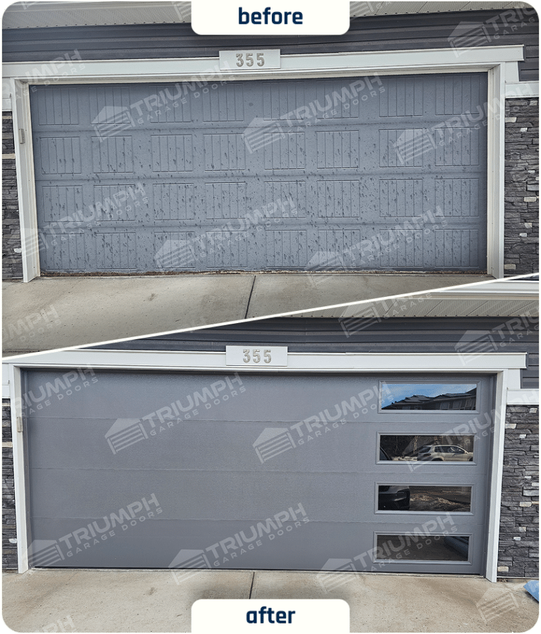 Before-and-after modern garage door upgrade with vertical vindowsin Calgary