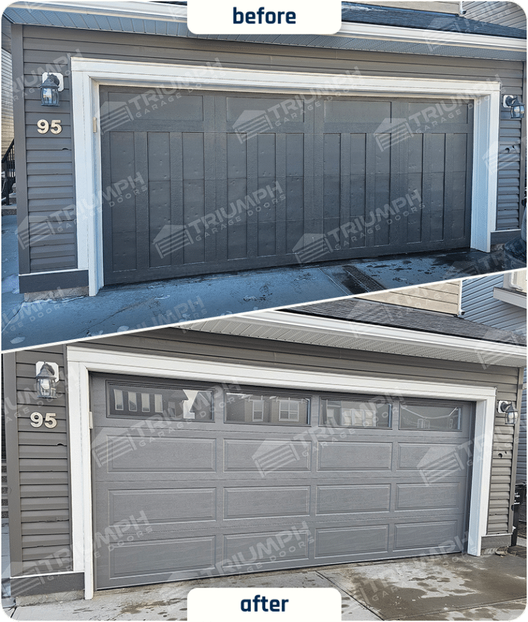 Before and after of a grey garage door replacement in Calgary