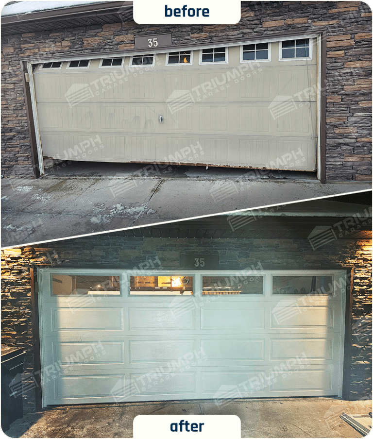 Before-and-after garage door replacement with full-width windows in Calgary