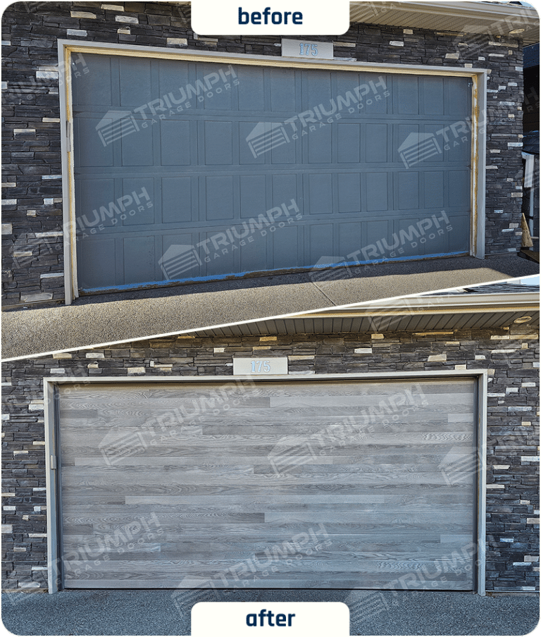 Before-and-after grey wood-grain garage door replacement in Calgary