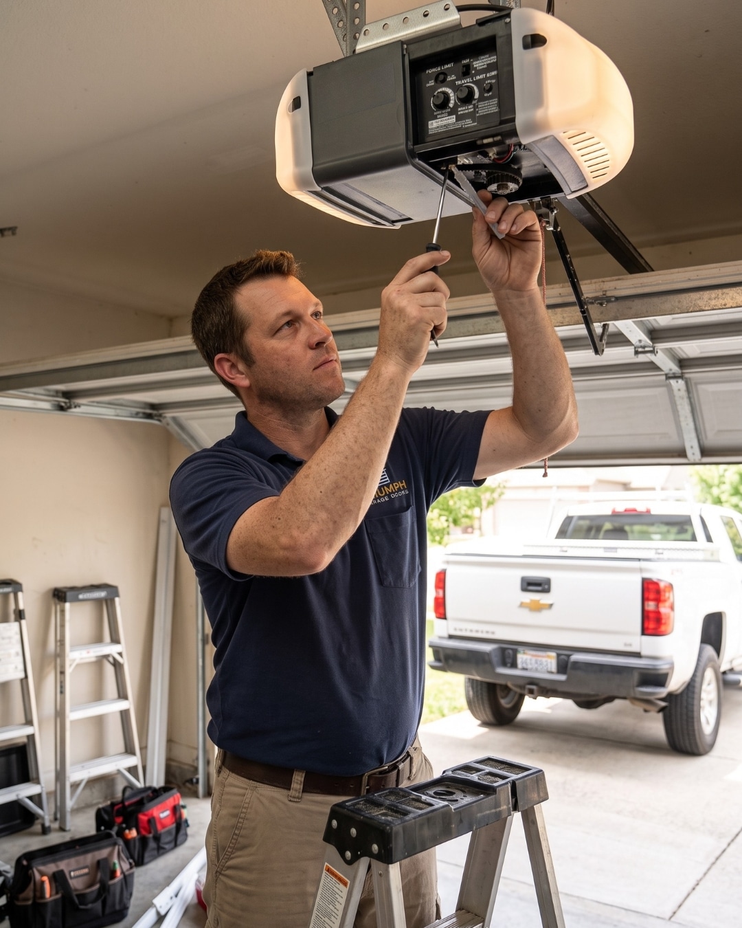 A Triumph Garage Doors technician stands on a stepladder inside a residential garage, using a screwdriver to adjust the internal components of an overhead automatic garage door opener motor. A white service truck is parked outside in the driveway.