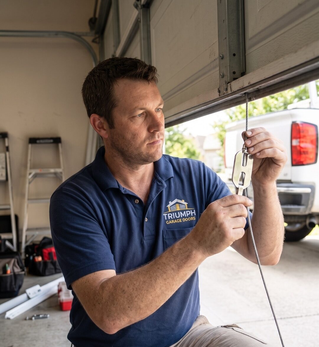 A Triumph Garage Doors technician in a blue logo polo shirt adjusts a steel lift cable and tensioner tool on an open overhead garage door during a repair service.